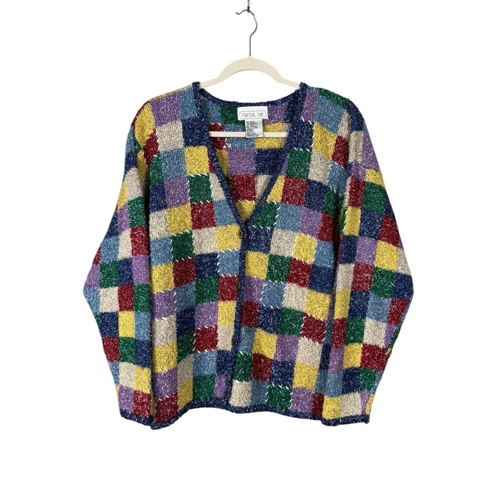 Vintage 90s Womens Patchwork Cardigan Sweater Size Large Rainbow Bohemian Indie